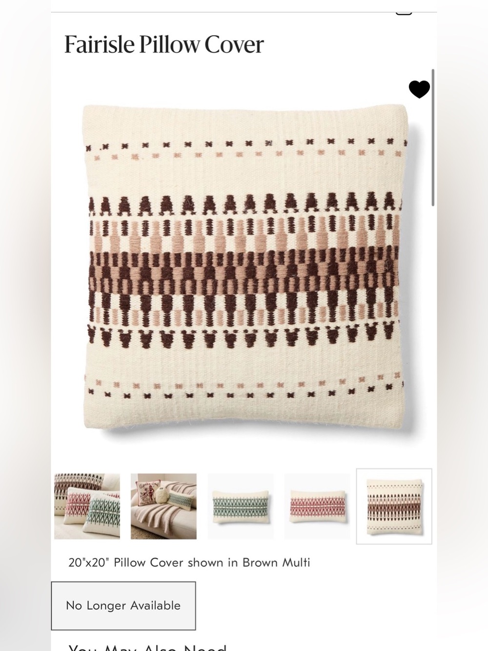New West Elm FairIsle Pillow Cover, Ivory Multi, 20”